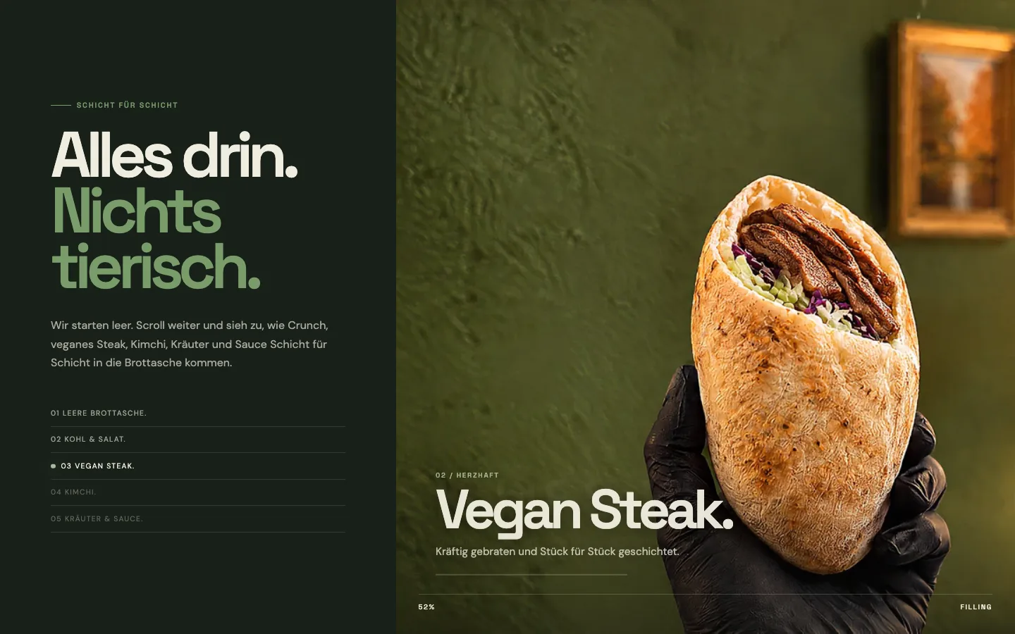 Scroll-Sequenz: die Brottasche mit veganem Steak