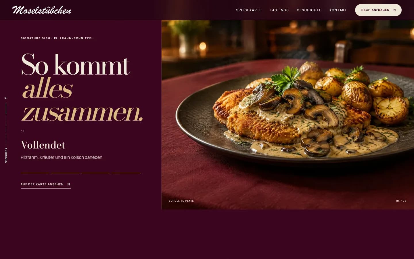 Angerichtetes Pilzrahm-Schnitzel am Ende der Scroll-Geschichte