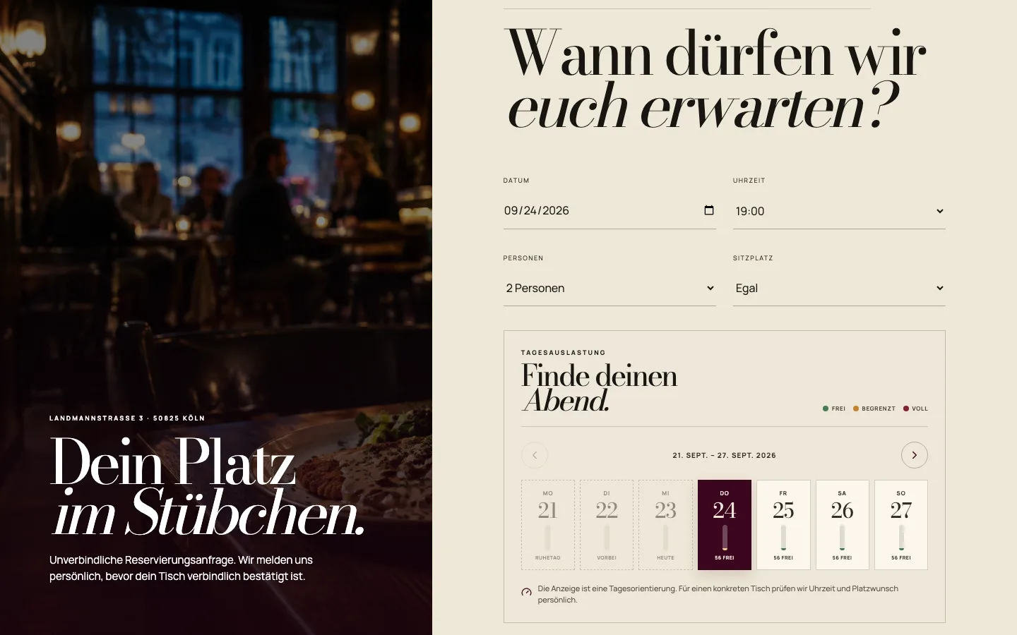 Reservierungsseite mit Datum, Uhrzeit, Personen und Wochenkalender