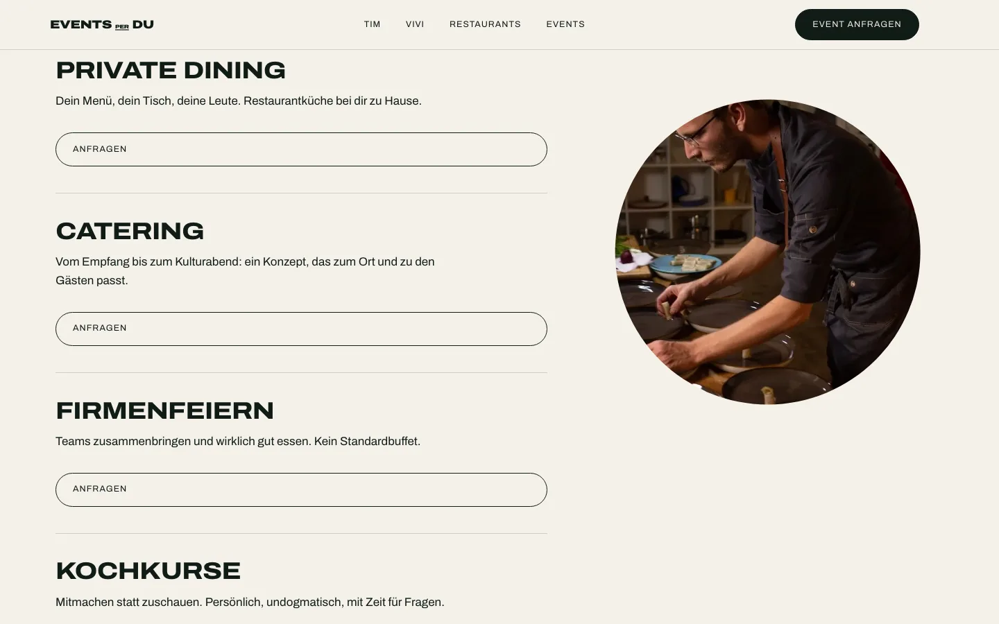 Leistungen: Private Dining, Catering, Firmenfeiern und Kochkurse